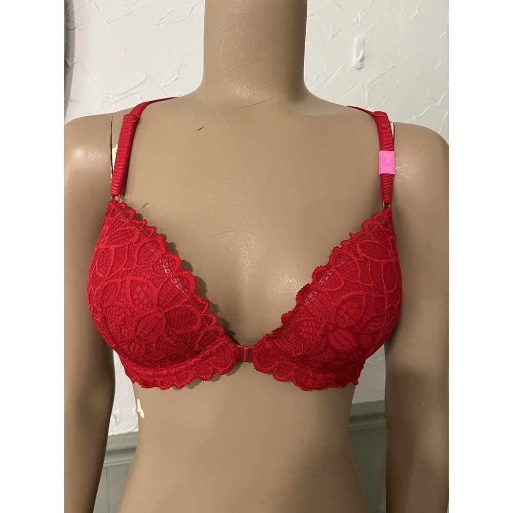 NEW Victoria's‎ Secret PINK 36C Red Lace Date Push-up Front Close Racerback Bra